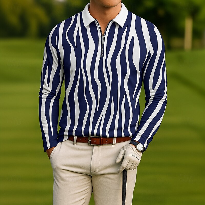 Men's Geometric Golf Polo Long Sleeve Turndown Modern Leisure Sports & Outdoor Athleisure Casual Daily Zipper 3D Print Spring Fall Blue Purple Green