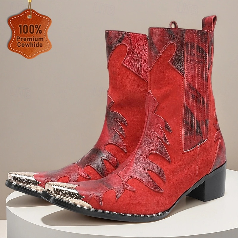 Men's Red Genuine Leather Cowboy Boots – Flame Pattern Western Riding Boots for Festivals, Stage Shows and Country Parties