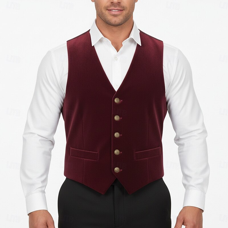 Men's Casual Vest Notch Lapel Black Burgundy Formal Solid Colored Tailored Fit