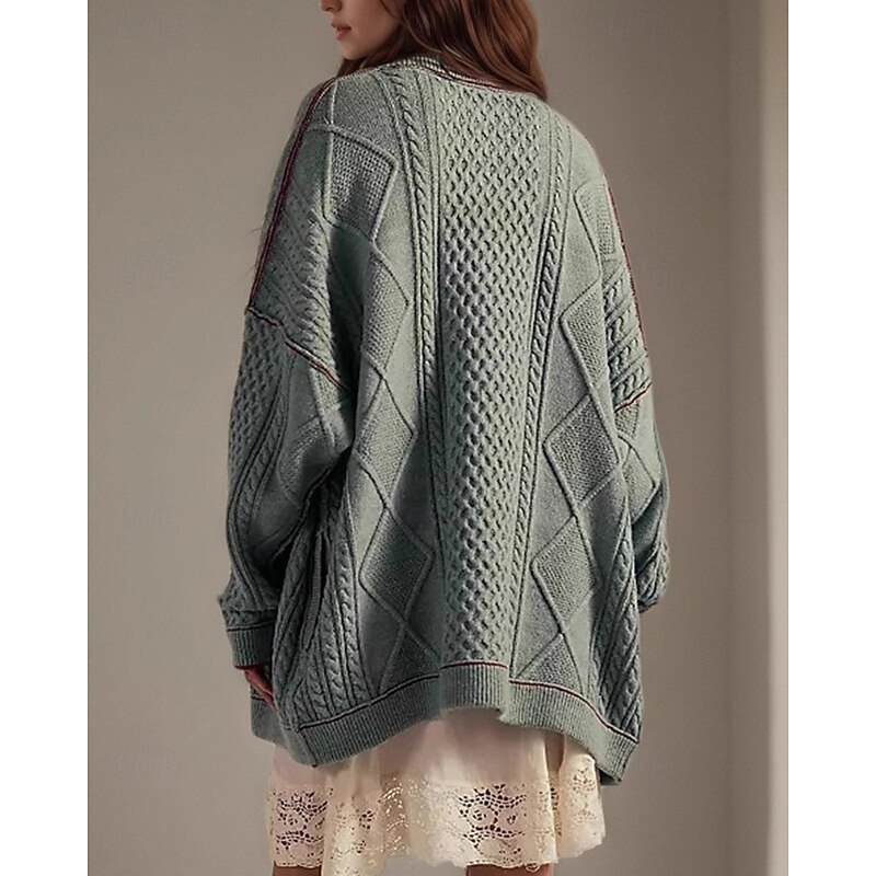 Women's Sweater Cardigan Streetwear Casual Color Block Cable Crew Neck Patchwork Buttons Knitted Long Sleeve Regular Tops Knit Daily Holiday Going out Navy Blue Blue Fall Winter4