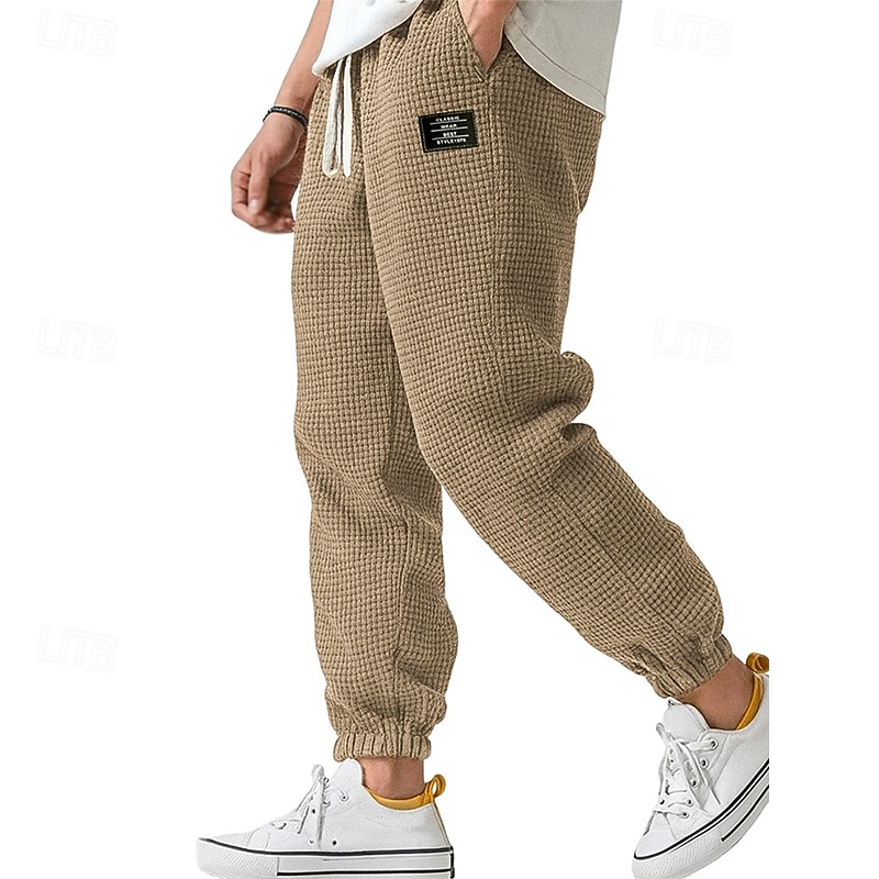 Men's Waffle Sweatpants Joggers Trousers Casual Pants Drawstring Solid Color Comfort Full Length Outdoor Daily Streetwear Fashion Classic Style Lake blue Black Stretchy4