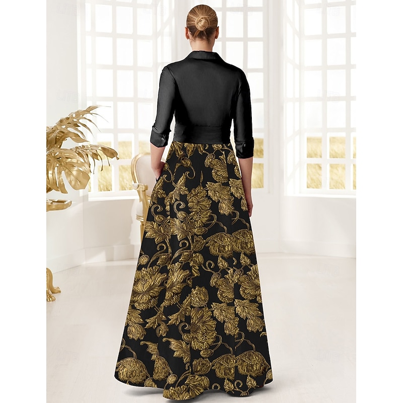 Black and Gold Floral Jacquard A-Line Mother of the Bride Dress Elegant Shirt Collar Floor Length Taffeta 3/4 Length Sleeve with Bow(s)3