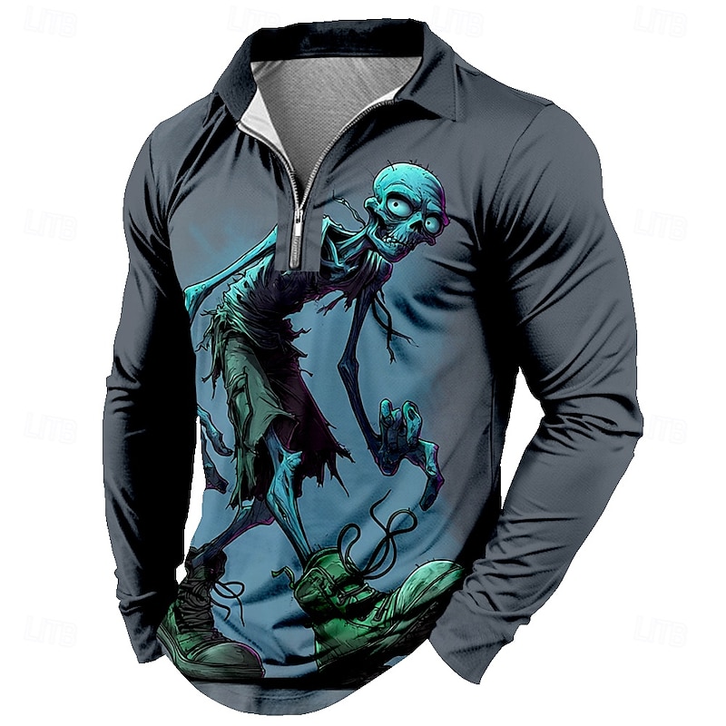 Day of the Dead Men's Skull Character Polo Long Sleeve Polo Shirts Lapel Casual Dark Daily Wear Festival Outfit 3D Print Quarter Zip Polo Spring Fall Winter Red Blue Green2
