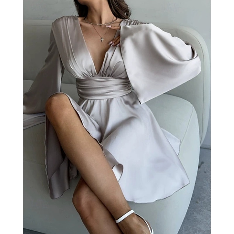 Women's Mini Dress Cocktail Dress Satin Dress Slip Dress Elegant Fashion Modern Outdoor Party Party Evening Wear Slim Plain Long Sleeve V Neck Black White Dusty Blue Brown Spring Autumn4
