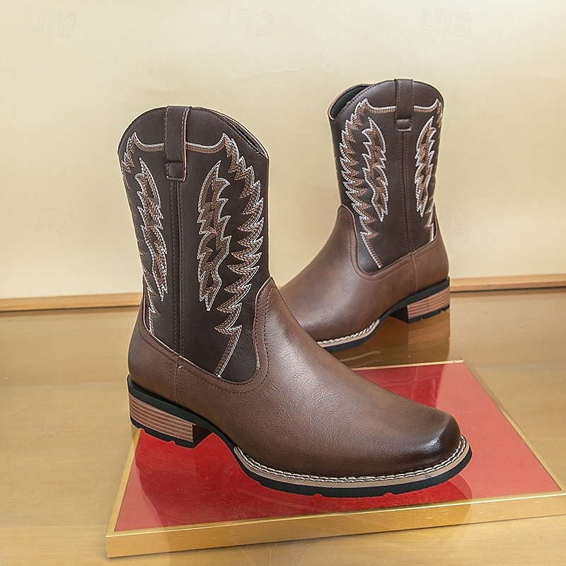 Men's Brown Western Cowboy Boots with Embroidered Wing Pattern, Classic Square Toe, Comfortable Fit, Durable Riding Style Footwear for Ranch, Rodeo, Country Concerts and Outdoor Work4