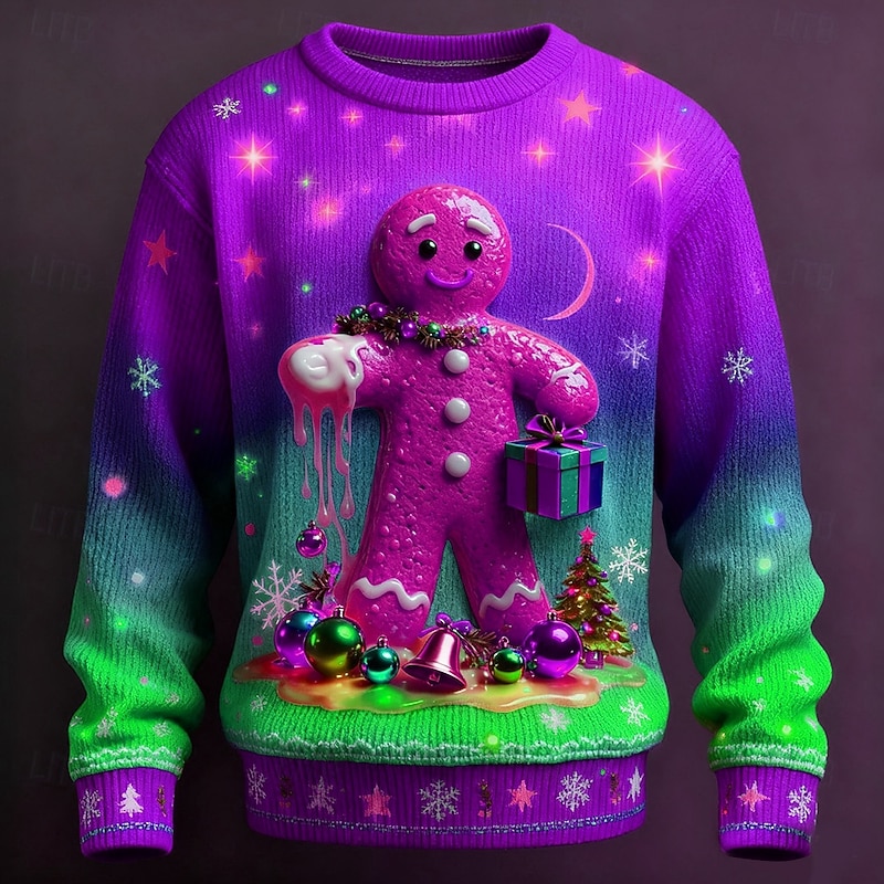 Ugly Christmas Sweater Men's 3D Cartoon Snowflake Pullover Sweater Jumper Knitwear Crewneck Casual Vacation Daily Festival 3D Print Keep Warm Long Sleeve Spring Fall Winter Red Blue Purple2