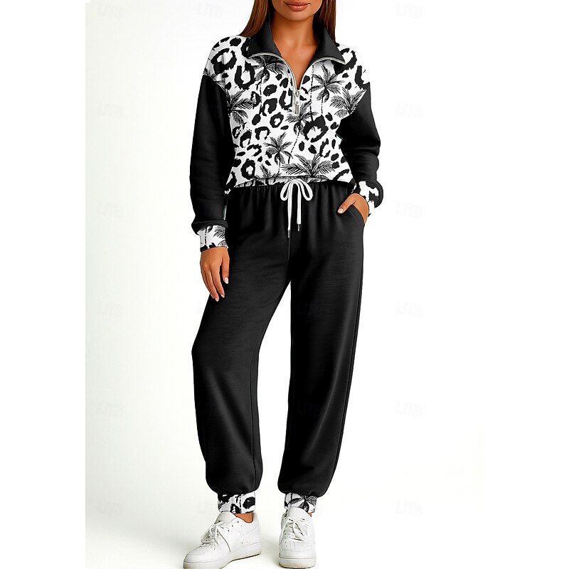 Women's Sweatshirt Tracksuit 2 Piece Tracksuit Drawstring Zip Up Floral Clothing Suit Fall Black Vocation Outdoor Travel Lightweight Fashion Long Sleeve Sport Activewear Stretchy Regular Fit3