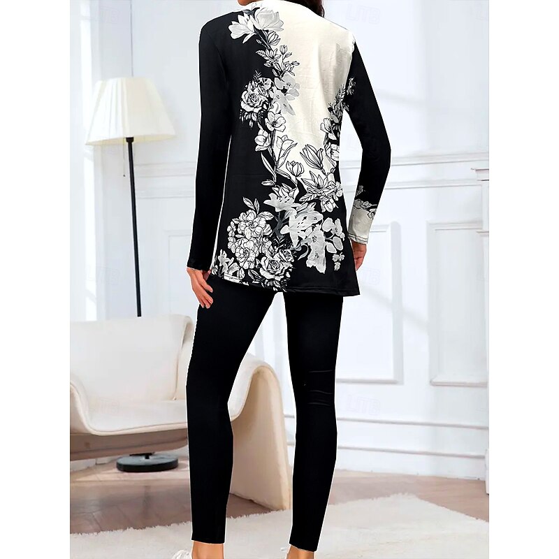 Women's Elegant Vacation Fashion T Shirt Pants Sets Long Sleeve Crew Neck Round Neck Floral Graphic Print Casual Daily Casual Daily Black Spring Regular Fit3