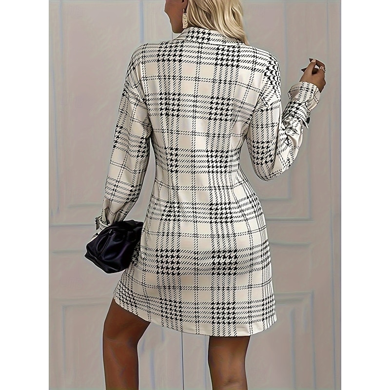 Women's Mini Dress A Line Dress Casual Daily Regular Fit Plaid Long Sleeve Lapel Apricot Summer Fall2