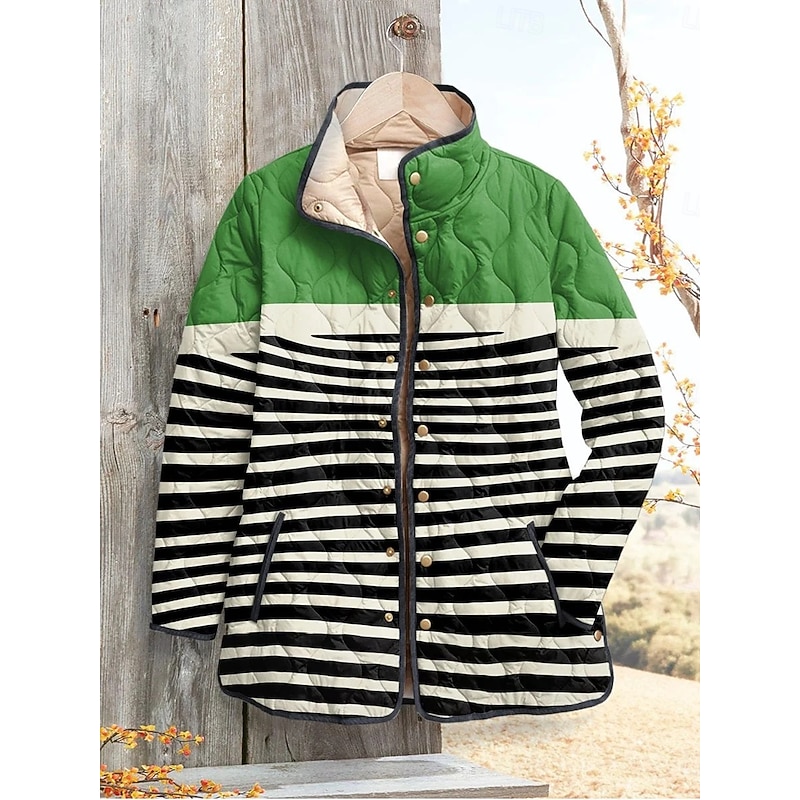 Women's Winter Jacket Puffer Jacket Warm Comfortable Pocket Buttons Print Fashion Daily Outdoor Geometric Vacation Casual Daily Single Breasted Regular Stand Collar Regular Fit Long Sleeve Outerwear