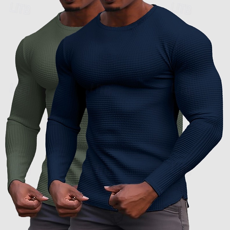 Men's Waffle Shirt T Shirt Tee Top Long Sleeve Shirt Long Sleeve Crew Neck Spring &  Fall All Seasons Plain Fashion Designer Basic 2 Piece Knitted Vacation Street Casual Dark Blue+White Blue / Green4