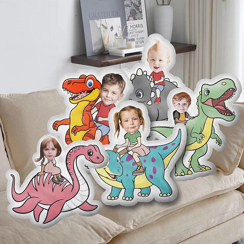 Personalized Photo Face Pillow,Customized  Kids Riding Dinosaur Pillows, Birthday Boy Gifts, Funny Ugly Pillow, Custom Shaped Pillow, Stuffed Dinosaur