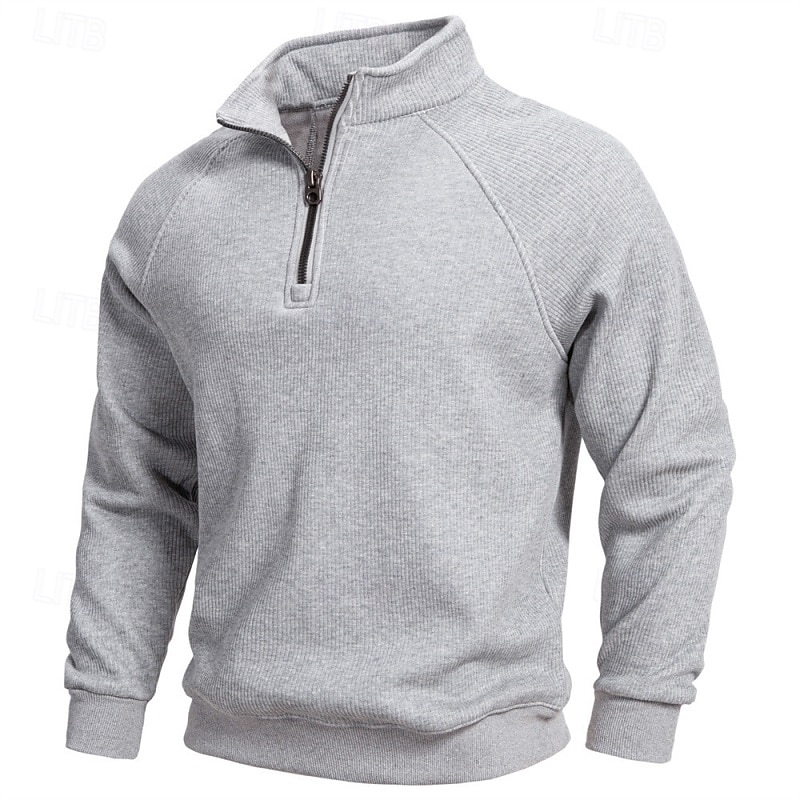 Men's Sweatshirt Fleece Sweatshirt Pullover Quarter Zip Sweatshirt Ribbed Knit Apricot Black Army Green Navy Blue Light Grey Standing Collar Plain Textured Sports & Outdoor Casual Daily Streetwear