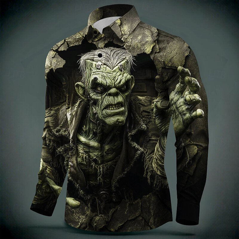 Halloween Men's Zombies Horror Distressed Print Shirt Button Up Shirt Long Sleeve Dark Punk Gothic Style Outdoor Holiday Summer Spring Turndown 3D Print Collared Shirts Dark Green Brown2