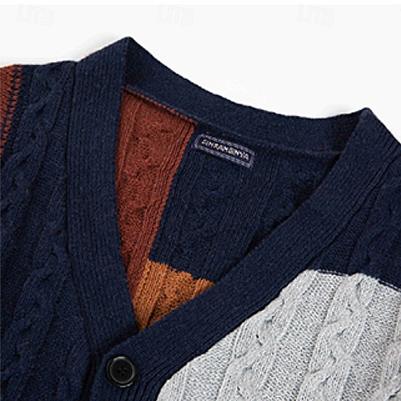 Men's Sweater Cardigan Sweater Ribbed Cable Knit Regular Tops Patchwork Knitted Plain V Neck Vacation Fashion Casual Daily Wear Clothing Apparel Fall Spring &  Fall Navy Blue M L XL3