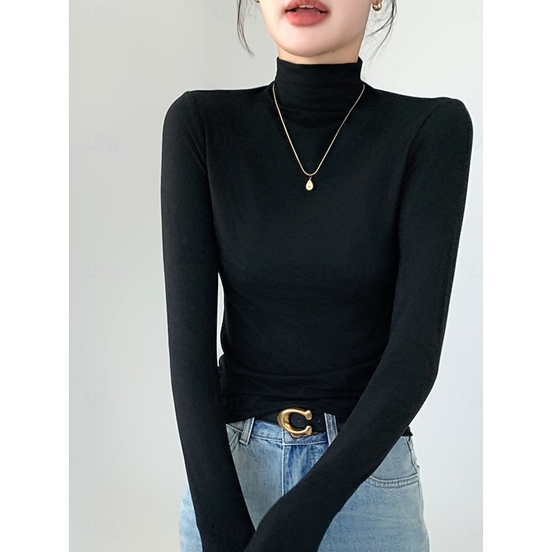 Women's Blouse Solid Color Stylish Casual Long Sleeve Turtleneck Regular Tops Daily Black Yellow Brown Dark Gray Apricot Spring Fall Winter2