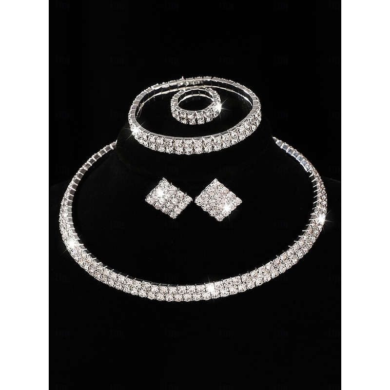 Women's 4-Piece Rhinestone Jewelry Set - Sparkly Necklace, Earrings, Bracelet and Ring for Ballroom Dance, Cocktail Party and Formal Events2