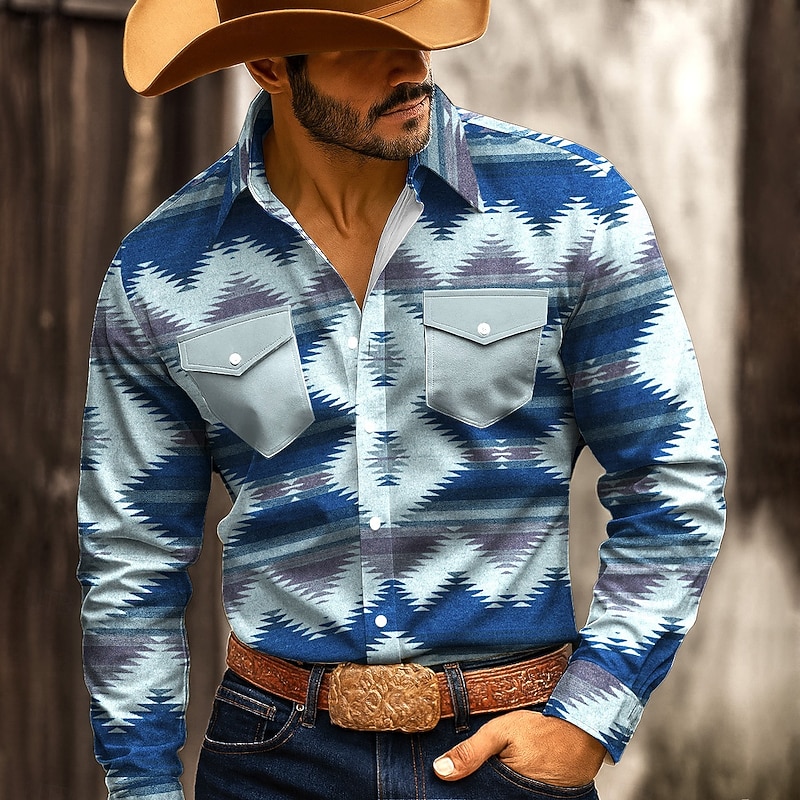 Men's Geometric Pattern Ethnic Shirt Western Shirt Cowboy Shirt Long Sleeve Vintage Retro Outdoor Casual WorkWear Spring Fall Turndown Front Two Pockets Linen Like Shirt Button Up Shirts Blue Green4