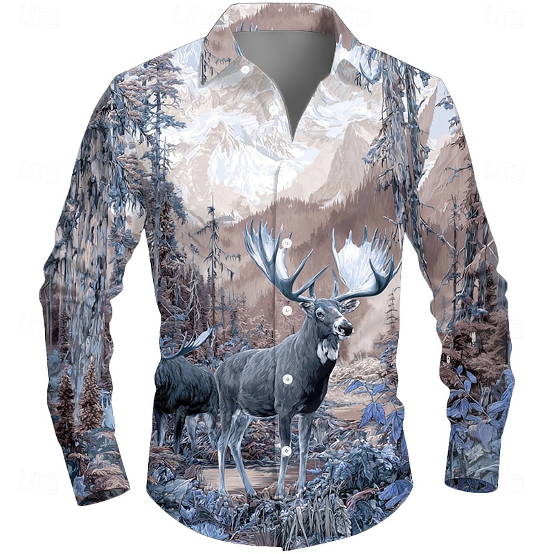 Men's Reindeer Nature & Landscapes Forest Shirt Button Up Shirt Long Sleeve Vintage Retro Outdoor Camping & Hiking Hunting Spring Fall Turndown 3D Print Collared Shirts Blue Purple2