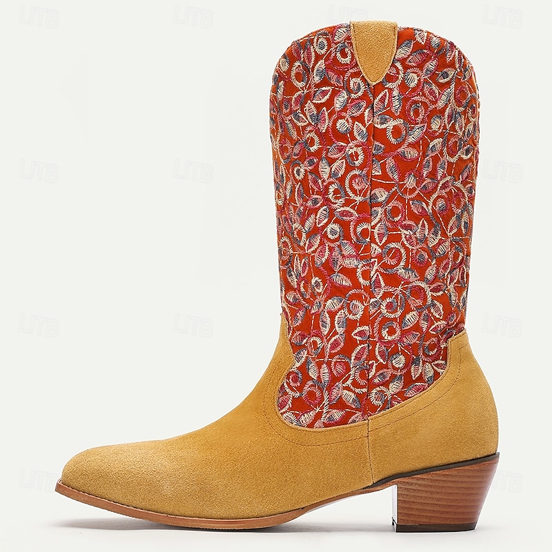 Men's Red Jacquard Fabric Cowboy Boots – Retro Pattern Western High Shaft Boots for Music Festivals, Stage Shows and Outdoor Wear3