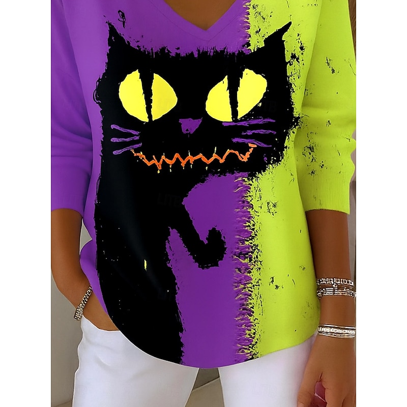 Halloween Women's Blouse Black Cat Print Skull Cat Stylish Casual Funny Long Sleeve V Neck Regular Tops Daily Weekend Print Purple Fall Winter3