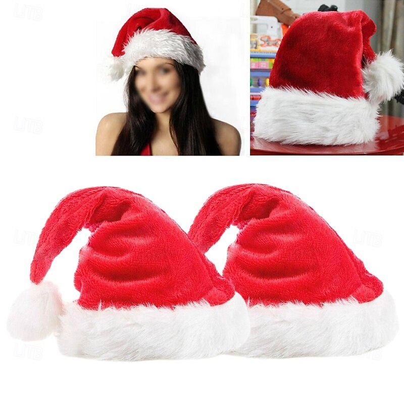 2 Pack Unisex Comfort Velvet Christmas Hats Classic Red Santa Hats for Kids, Teenagers & Adults - Thicken Extra for Christmas & New Year Festive Holiday Party Supplies