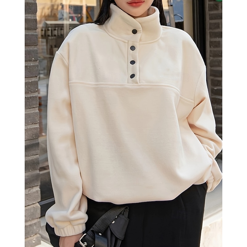 Women's Pullover Sweatshirt Plain Casual Long Sleeve High Neck Regular Tops Street Holiday Buttons Beige Fall Winter