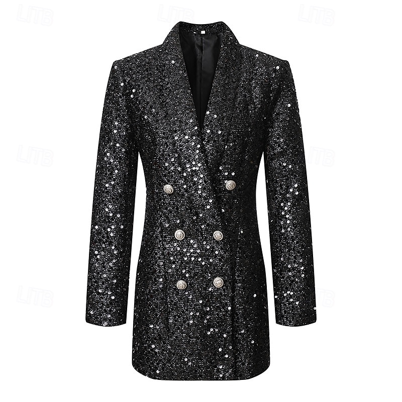 Women's Blazer Sport Coat Formal Wedding Party Sequined Elegant Sparkle Long Sleeve Shawl Lapel Double Breasted3
