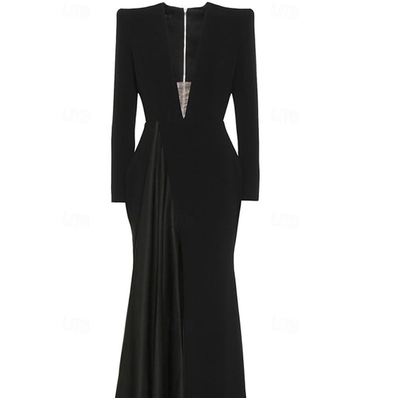 Tuxedo Dress A-Line Formal Stretch Crepe Elegant Long Sleeve Ankle Length Split Thigh V Neck2