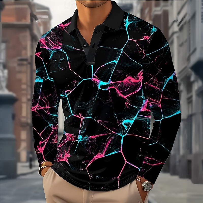 Men's Geometric Abstract Polo Long Sleeve Polo Shirts Lapel Casual Outdoor Street Athleisure Daily Wear 3D Print Buttons Spring Fall Winter Yellow Red Green2