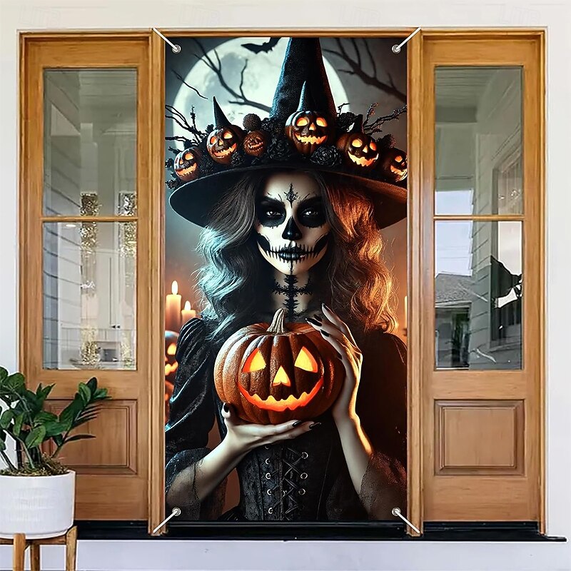 Halloween Door Cover Outdoor Banners Skeleton Mexico Dark Punk Gothic Style Party Outdoor Shooting Backgrounds Front Door Wall Porch Home Decor3