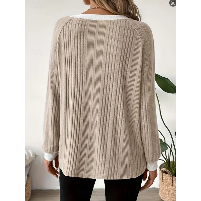 Women's Blouse Solid Color Stylish Casual Long Sleeve Crew Neck Regular Tops Daily Patchwork Apricot Spring Fall Winter3