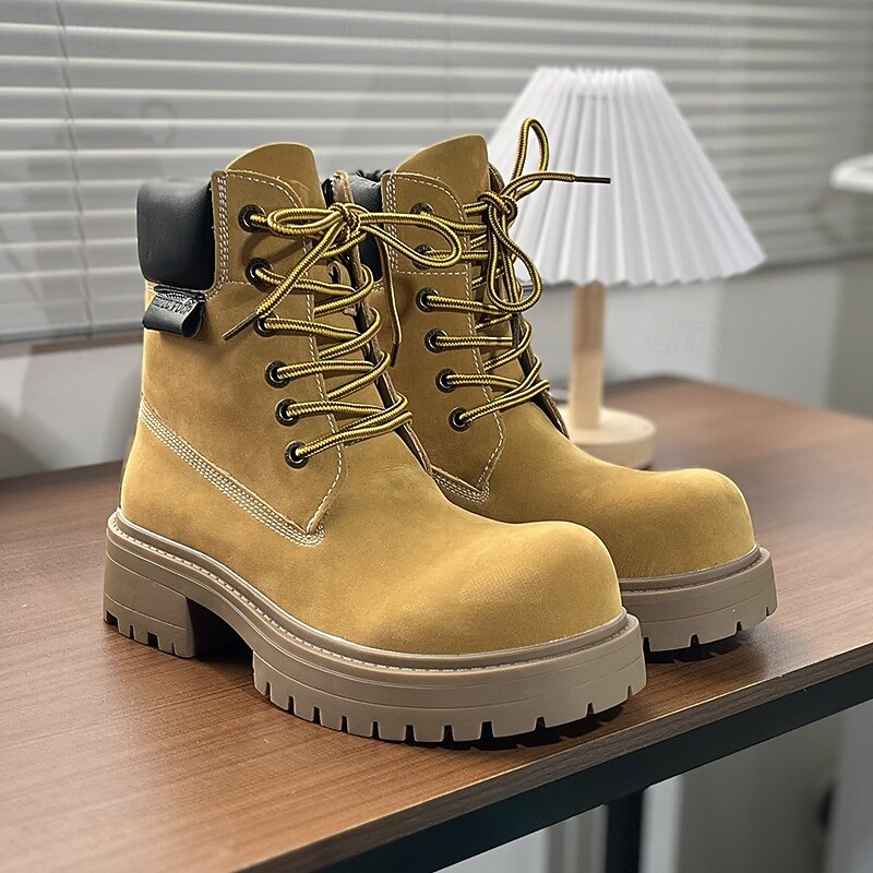Men's Yellow Nubuck Faux Leather Lace-Up Boots with Padded Collar and Thick Sole, Casual Outdoor Workwear Shoes for Hiking, Camping and Everyday Use2