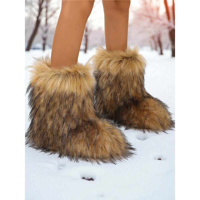 Women's Brown Faux Fur Knee High Boots with Chunky Sole – Fluffy Winter Festival Boots for Ladies, Perfect for Outdoor Snow Wear & Holiday Fashion4