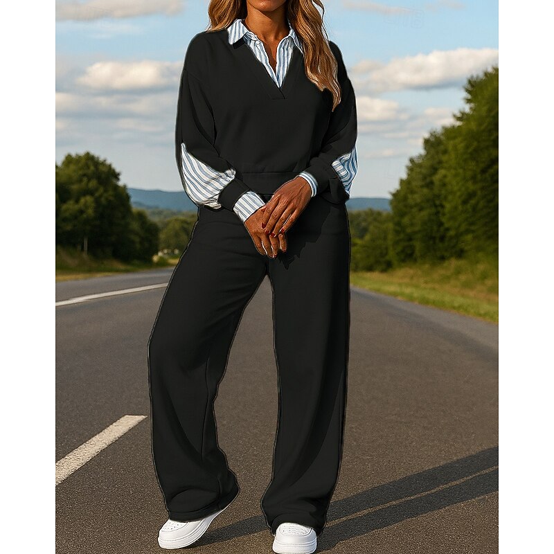 Women's Pullover Sweatsuit Sets 2 Piece Tracksuit Lounge Outfits  Baggy Color Block Clothing Suit Fall Black White Hiking Vocation Outdoor Long Sleeve Sport Activewear Micro-elastic Regular Fit4