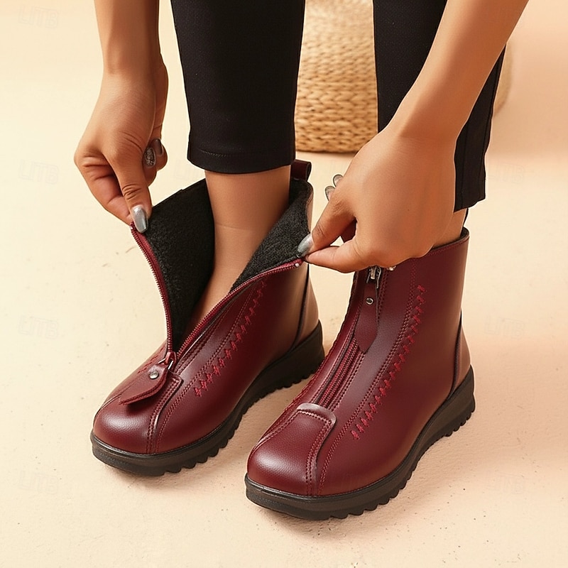 Women's Burgundy Faux Leather Ankle Boots, Double Zipper & Fleece Lined for Cozy Winter Warmth, Non - Slip Sole for All - Day Comfort