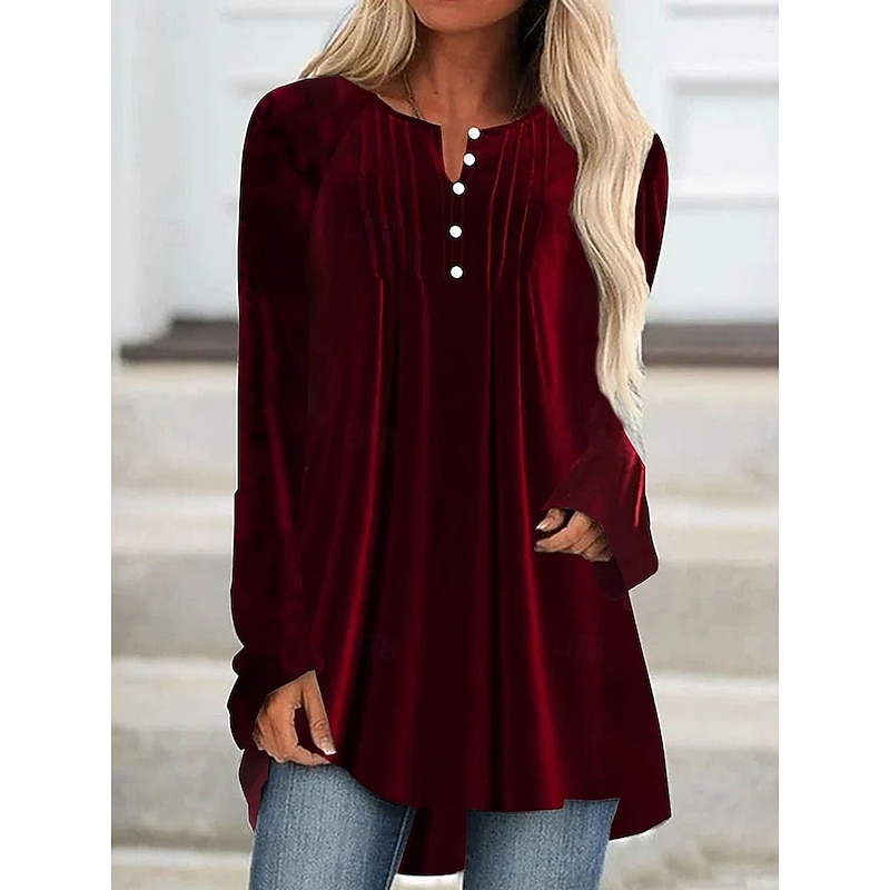 Women's Blouse Solid Color Elegant Stylish Basic Long Sleeve Crew Neck Long Tops Daily Ruched Buttons Wine Blue Green Spring Fall