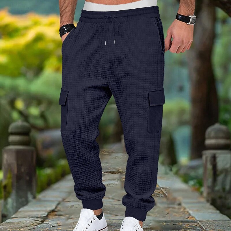 Men's Waffle Cargo Sweatpants Joggers Trousers Casual Pants Drawstring Multi Pocket Plain Comfort Full Length Outdoor Home Party Vacation Ethnic Style Black White Stretchy