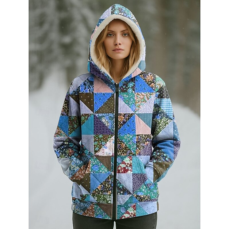 Women's Winter Coat Warm Zipper Pocket Print Fashion Casual Floral Street Casual Short Hooded Regular Fit Long Sleeve Outerwear Blue Purple Orange Spring Fall2