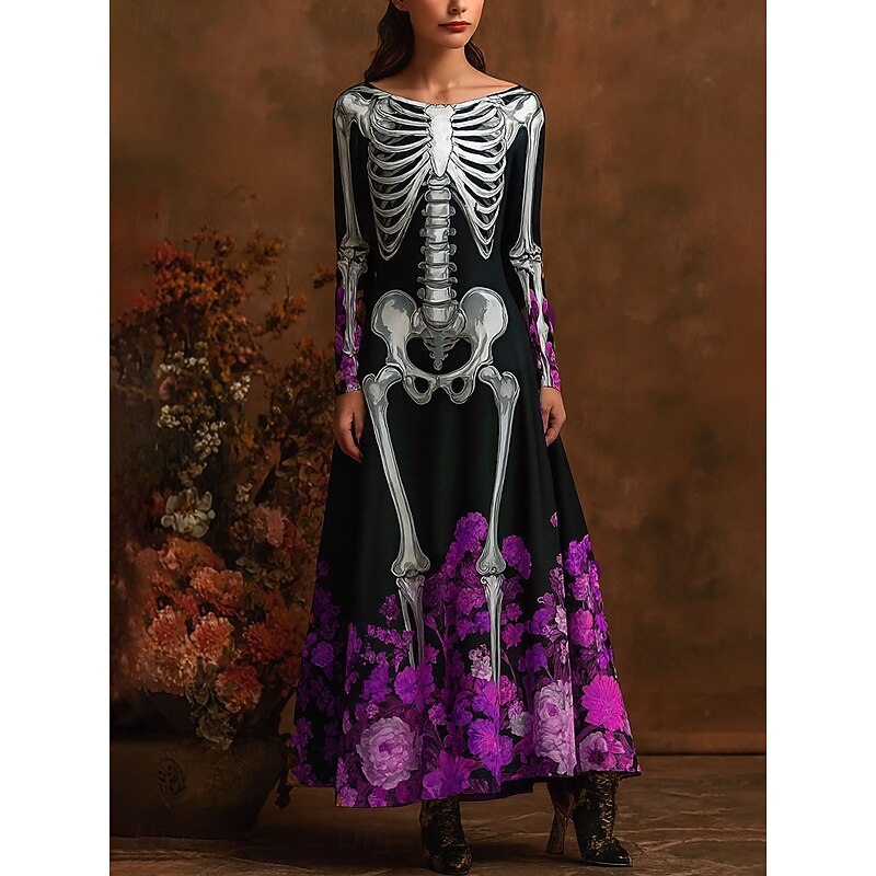 Halloween Women's Skeleton Maxi Dress Sheath Dress A Line Dress Casual Boho Wedding Guest Beach Regular Fit Floral Graphic Long Sleeve Crew Neck Boat Neck Blue Purple Orange Green Spring Fall Winter4