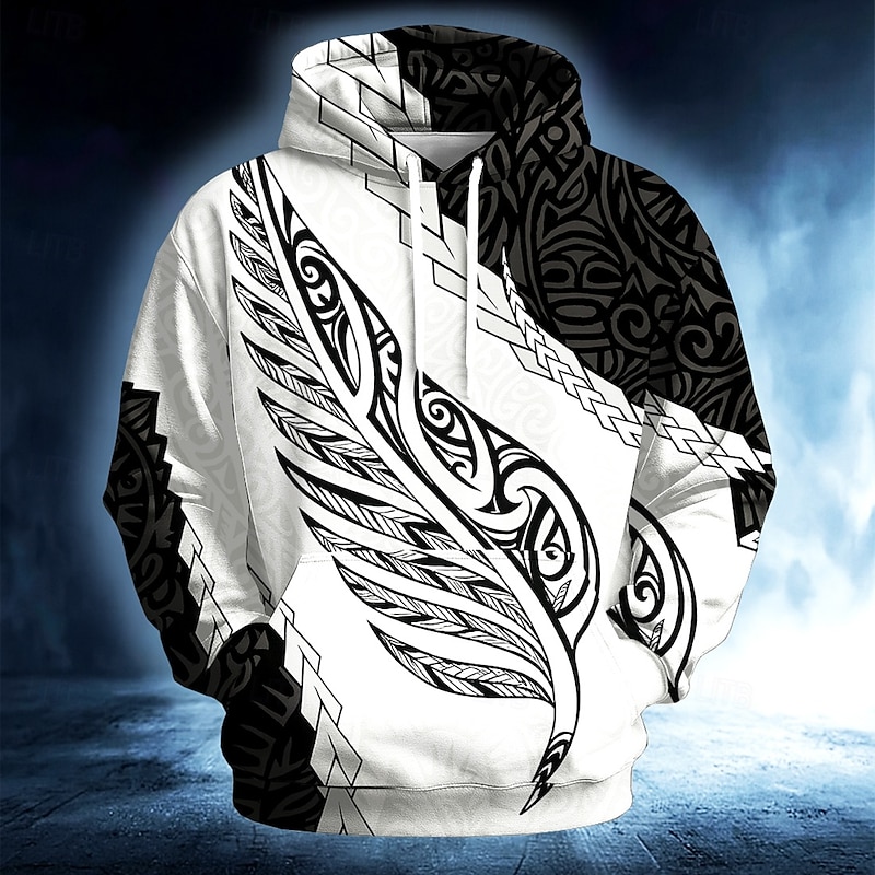 Men's Tribal Hoodie Sweatshirt Ethnic Vintage Retro Crew Neck Outdoor Streetwear Black White Drawstring Fall Winter Designer
