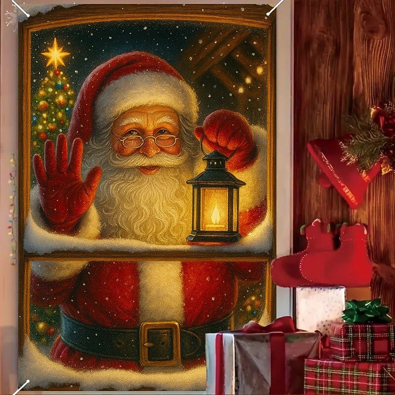 Christmas Santa with Lantern Curtain, 2025 Xmas Classic Window Curtain Door Cover for Holiday Decoration, Indoor Outdoor Hanging Tapestry2