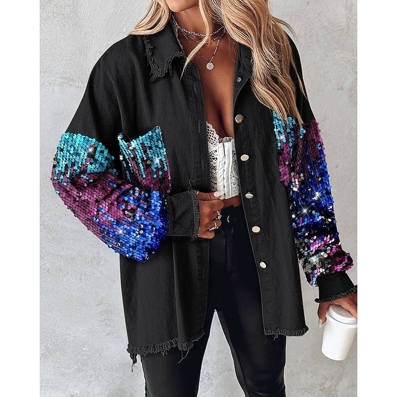Women's Casual Jacket Comfortable Breathable Pocket Buttons Casual Color Block Vacation Street Casual Daily Wear Single Breasted Short Turndown Regular Fit Long Sleeve Outerwear Black Spring Fall
