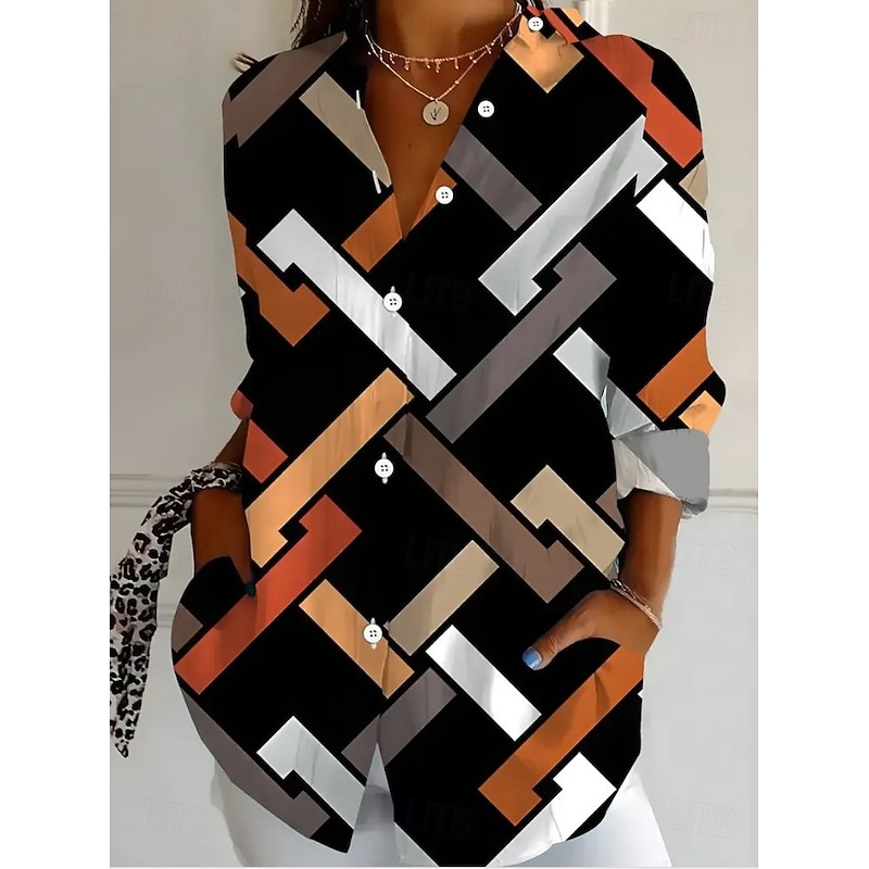 Women's Shirt Graphic Geometric Abstract Vintage Daily Casual Long Sleeve Shirt Collar Regular Tops Daily Holiday Print Black Light Brown Brown Summer Spring