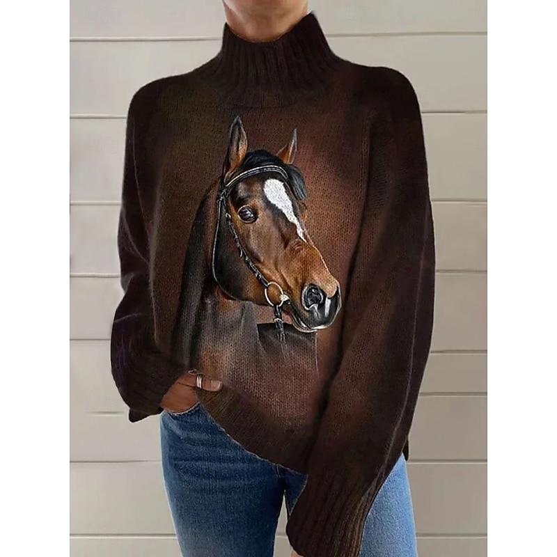 Women's Sweater Pullover Horse Daily Graphic Animal Ribbed Turtleneck Knitted Print Long Sleeve Regular Tops Knit Outdoor Weekend Brown Fall Winter