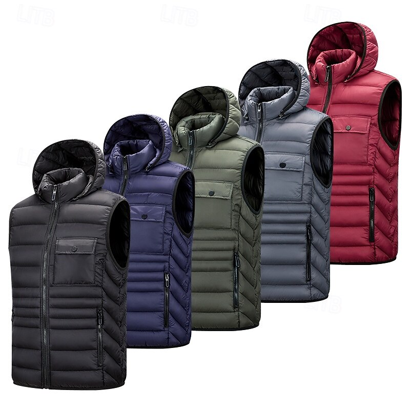 Men's Puffer Vest Vest Gilet Vacation Daily Date Fashion Casual Fall Winter Pocket Nylon Warm Comfortable Solid Color Zipper Hooded Regular Fit Black Burgundy Army Green Dark Blue Vest