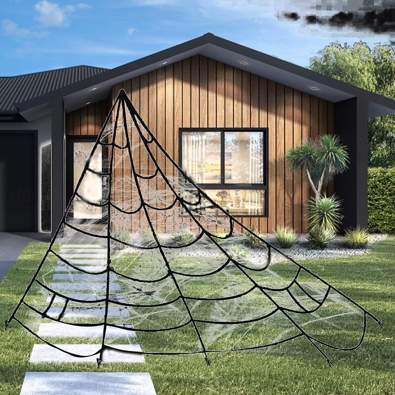 Halloween Spider Web 22.9 X 18 Ft Triangle Web with Gutter Hook Set White Halloween Spider Web with Gutter Hook Set Easy to Decor Outdoor Yard2