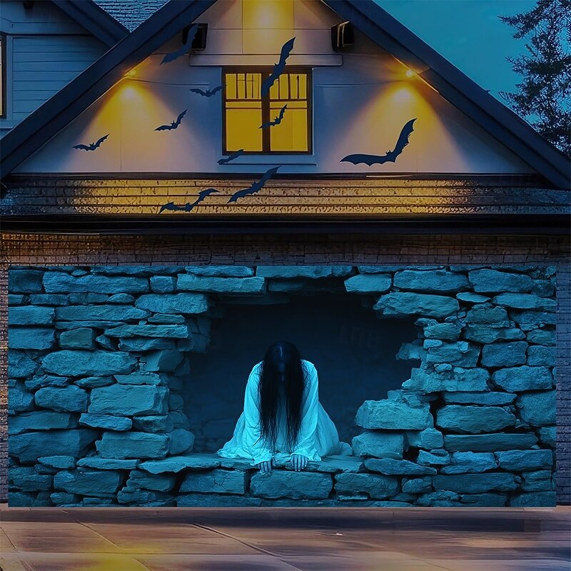 Halloween Garage Door Cover 3D Relief Grim Reaper with Hooded Cloak Banner Haunted House Horror Scene Spooky Backdrop Tapestry for Outdoor Wall Fence Yard Halloween Party Decoration4