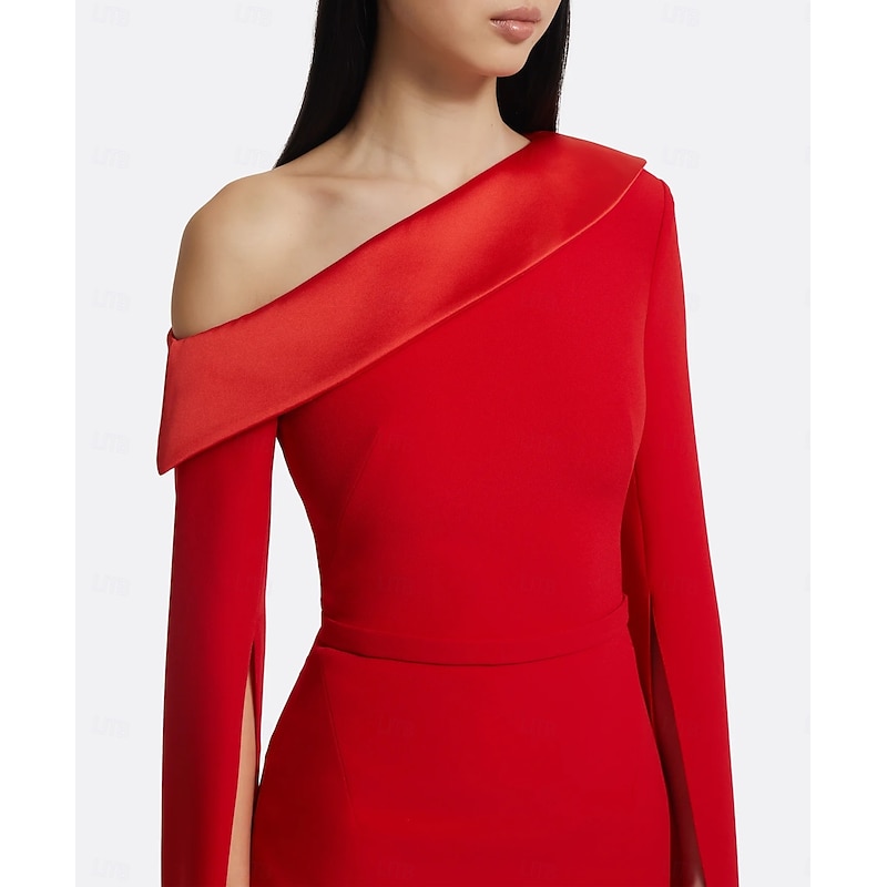 Red Black Sheath / Column Evening Gown Elegant Dress Formal Wedding Floor Length Long Sleeve One Shoulder Mother Of the Bride Dress Stretch Crepe with Pleats 20252