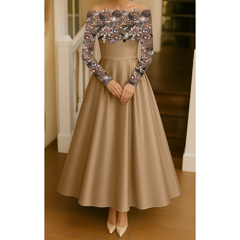 Gold Floral Sequin A-Line Evening Gown Detachable Sleeve Elegant Formal Dress Formal Wedding Tea Length Long Sleeve Off Shoulder Stretch Satin with Appliques 2025